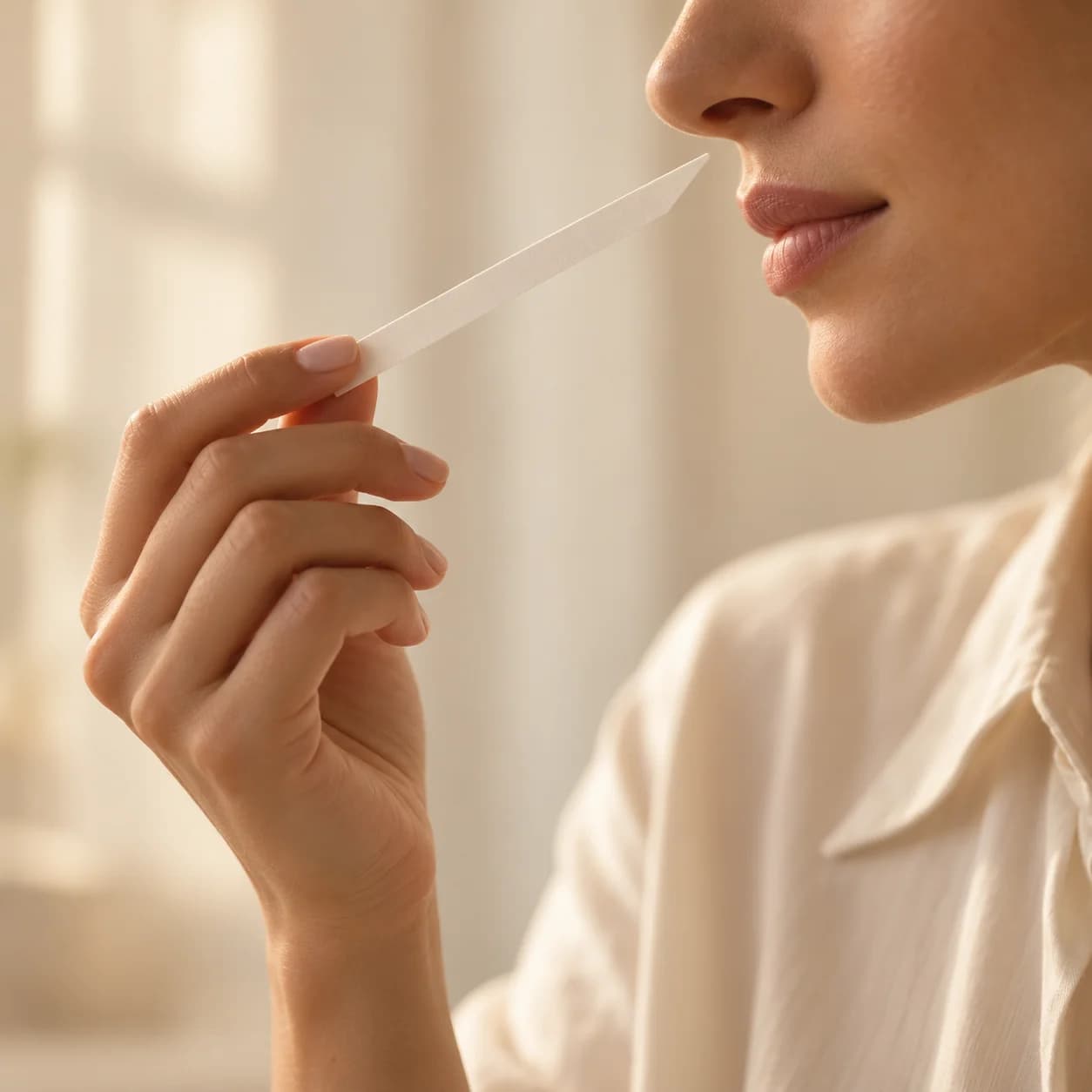 A person sampling a fragrance with a perfume testing strip