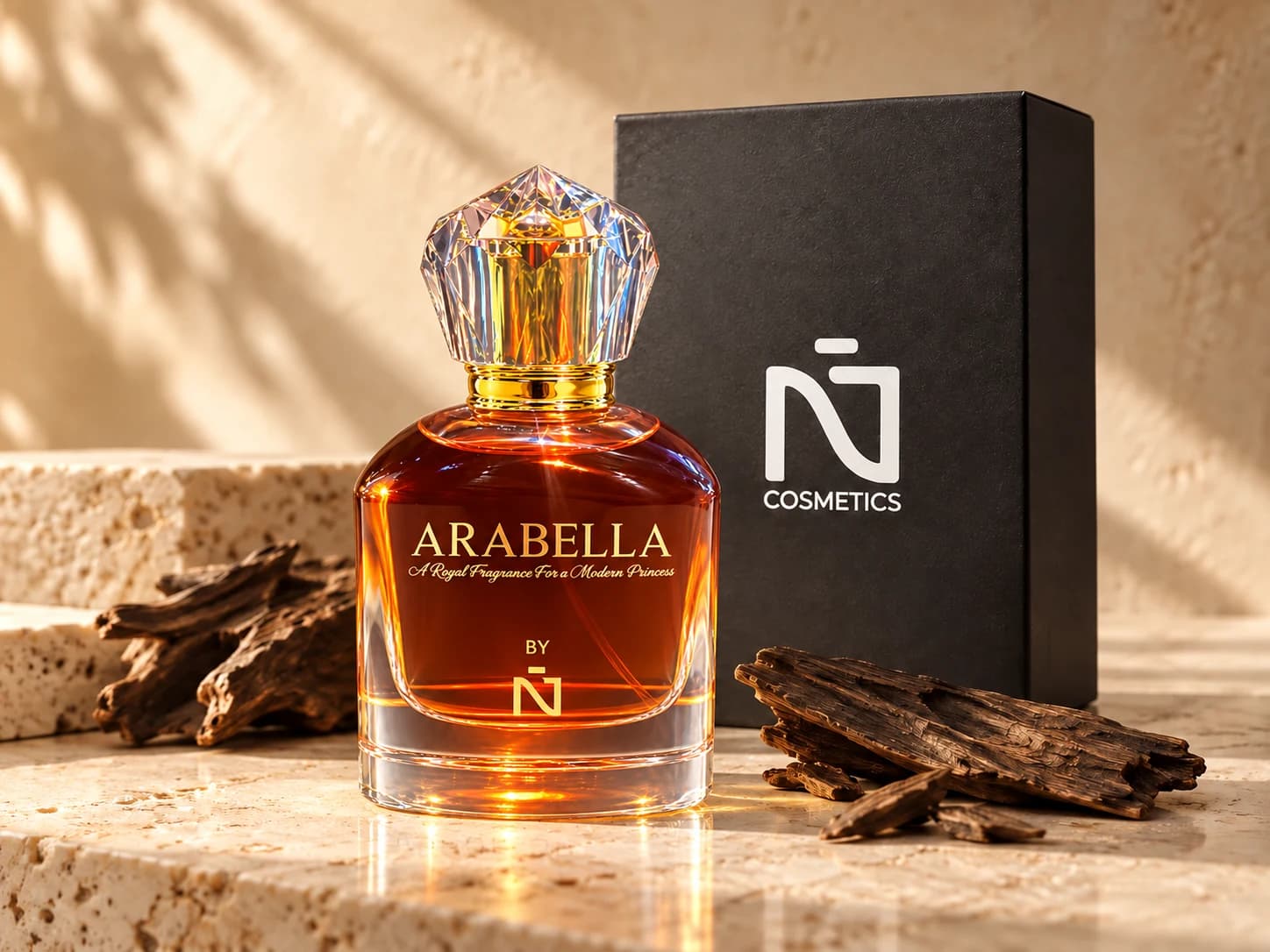 N7 Arabella perfume beside an N7 Cosmetics presentation box and oud wood