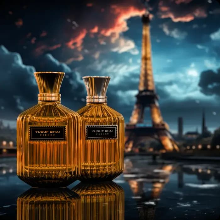 Two Yusuf Bhai perfume bottles against a dramatic Paris skyline